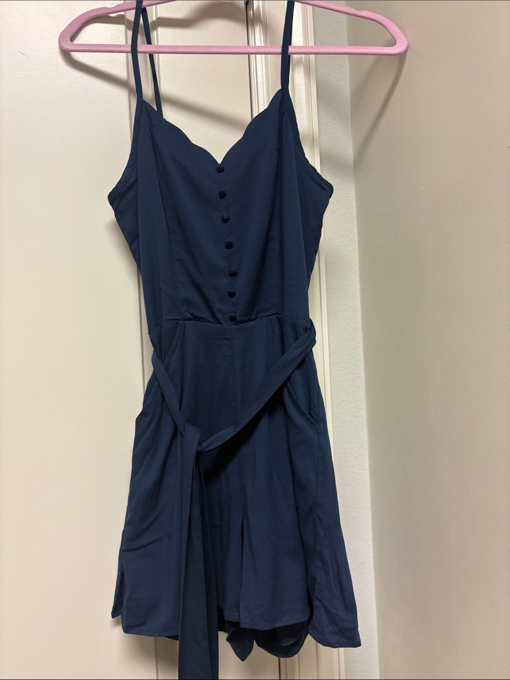 Women’s Navy Spaghetti Strap Button-Front romper
